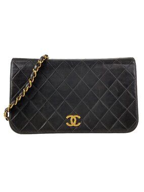 Chanel Shoulder Bag Single Flap Quilted Black Chain Gold Full Push Lock